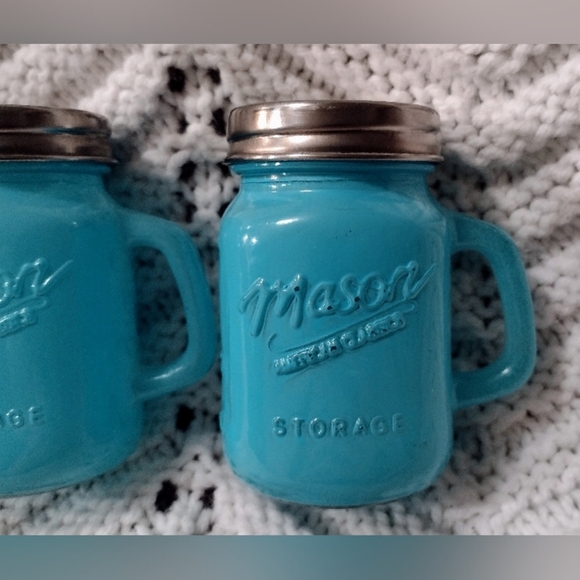 Mason Jar Light Blue Salt & Pepper Shakers With Handles  Shot Glass 4 oz - Picture 2 of 7